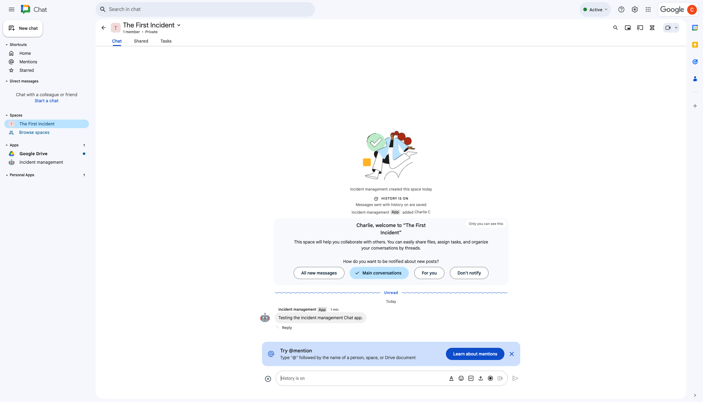 Lo spazio di Chat per la risposta agli incidenti.