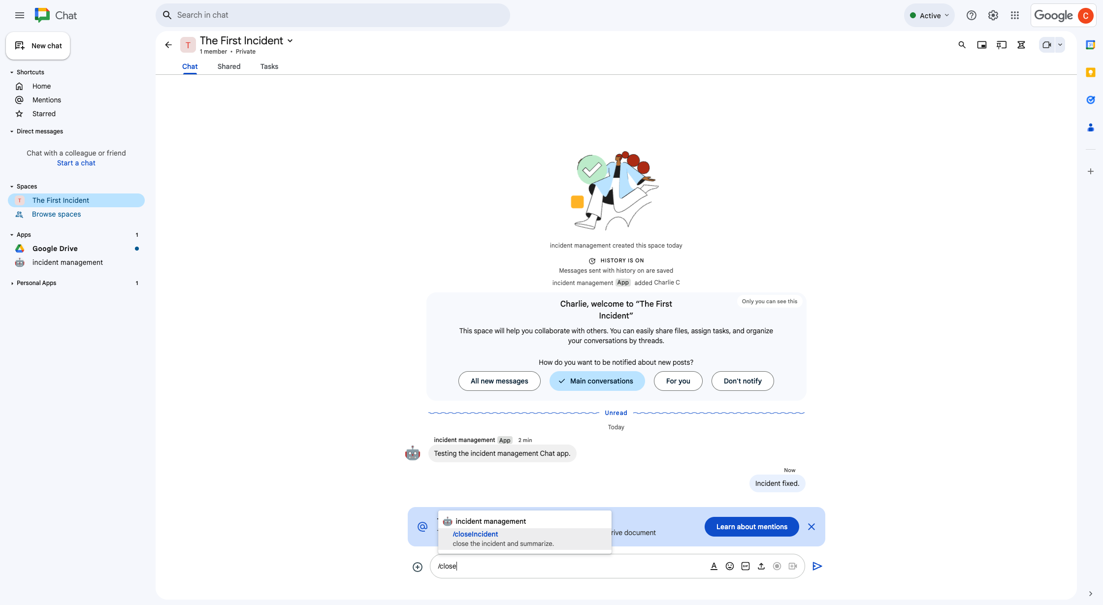 Résolvez l'incident à l'aide d'une commande à barre oblique.