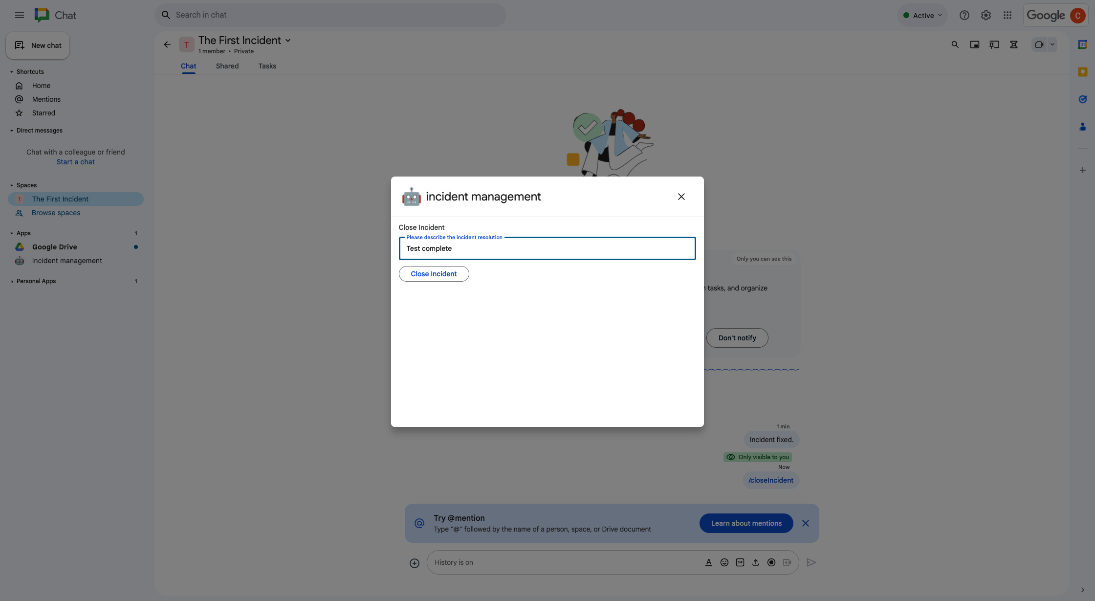 Dialog penyelesaian insiden.