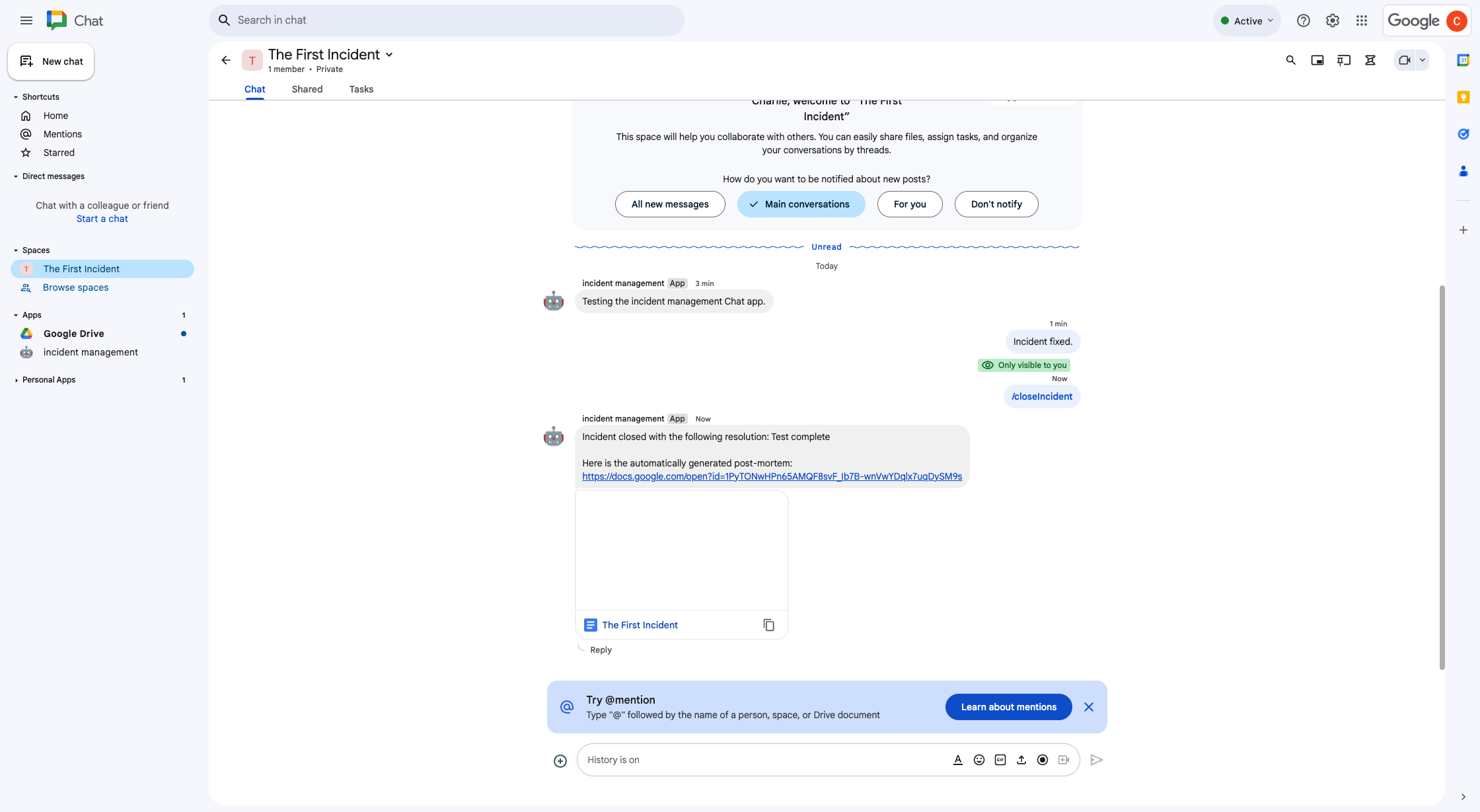 مستند Google Docs لحلّ المشكلة تمت مشاركته في المساحة.