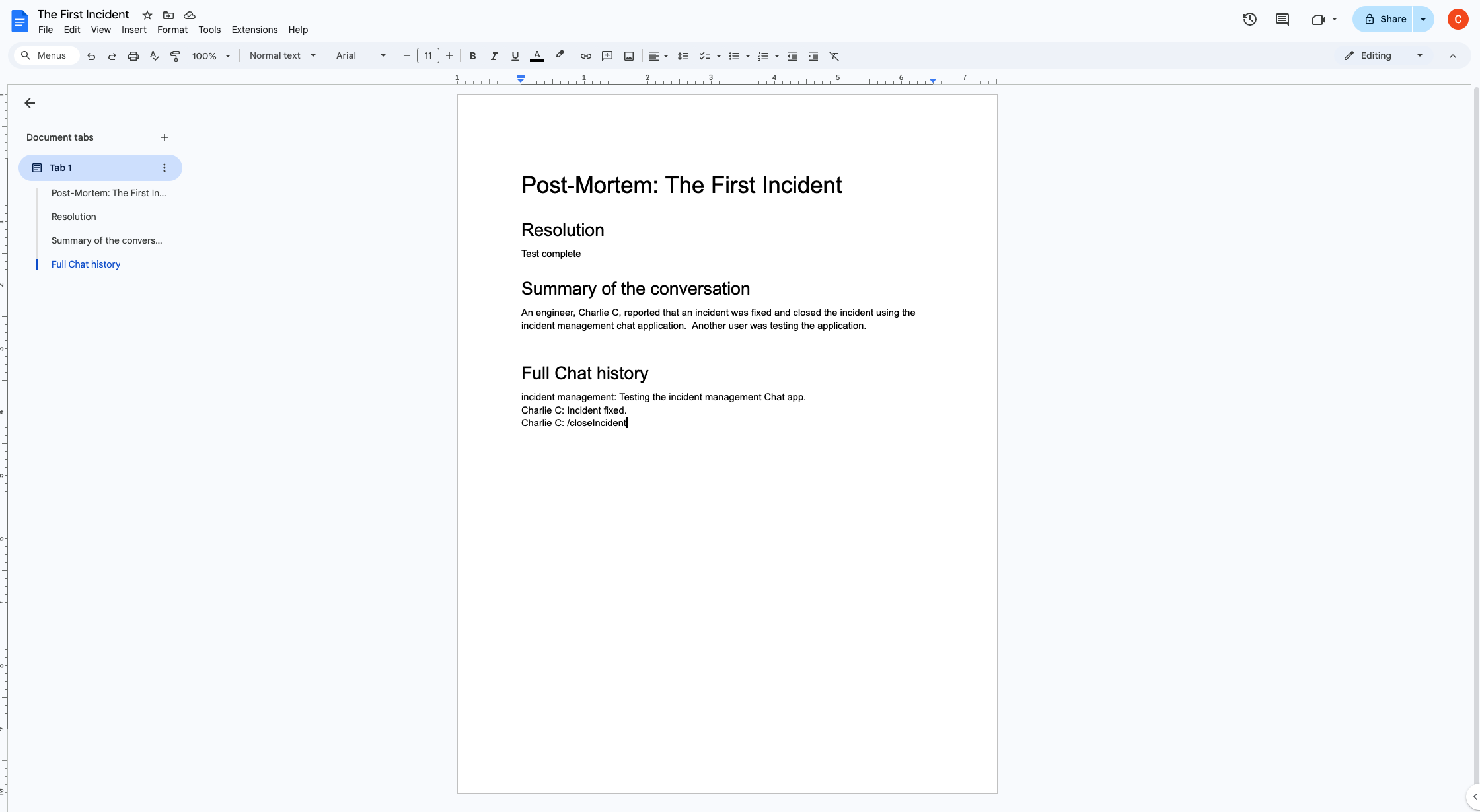 Documento Google per la risoluzione dell'incidente relativo al riepilogo AI.