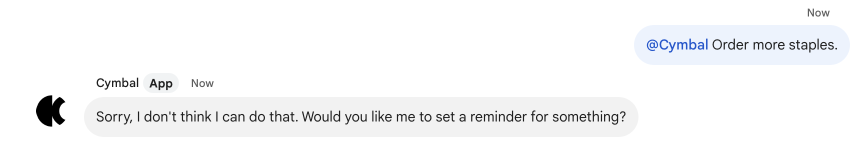 ตัวอย่างการตอบกลับเมื่อผู้ใช้ขอให้แอปใน Chat ทำงานที่ไม่ได้ออกแบบไว้