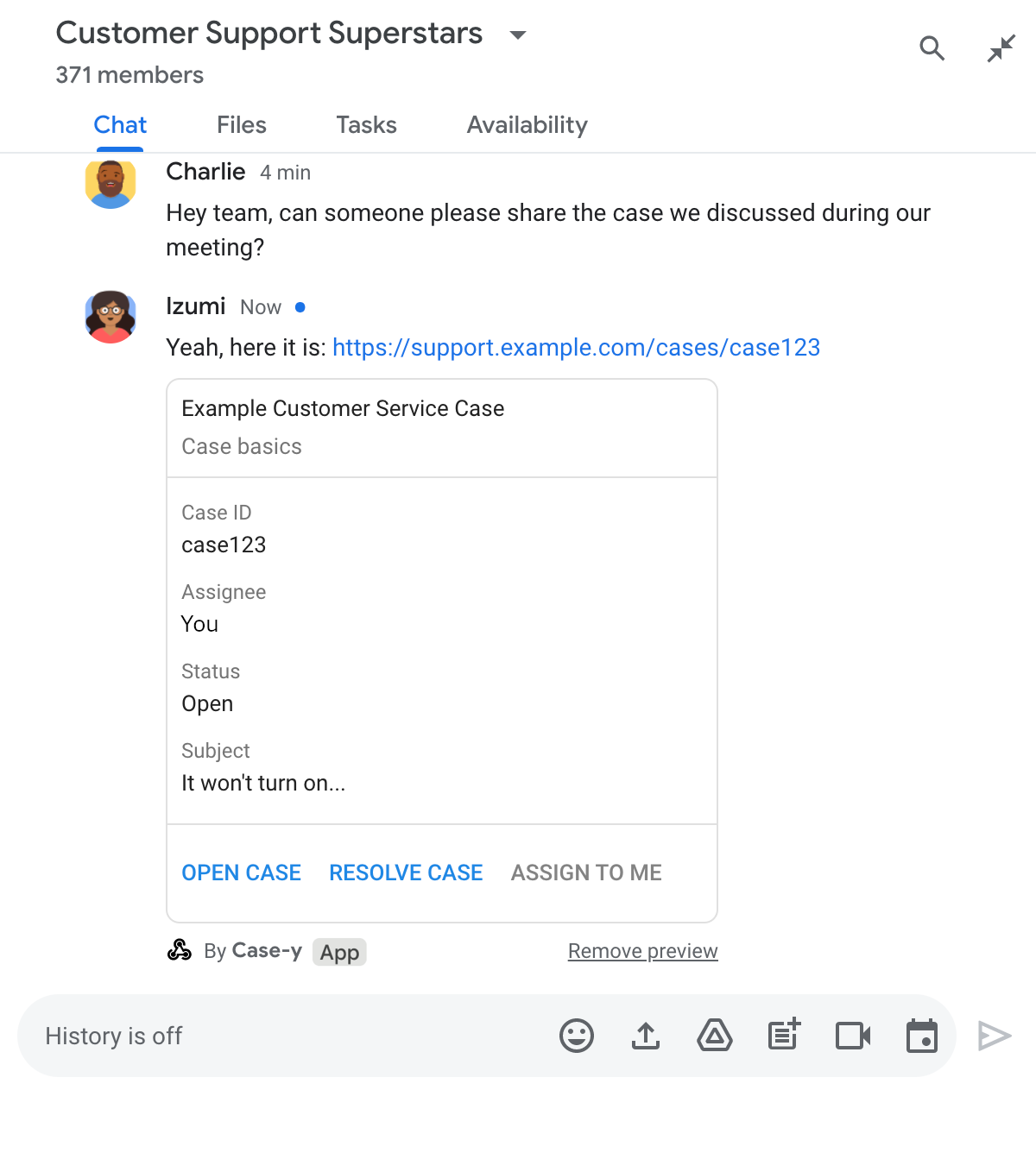 تطبيق Chat يعرض معاينة لرابط مع إصدار معدَّل من بطاقة مرفقة برسالة