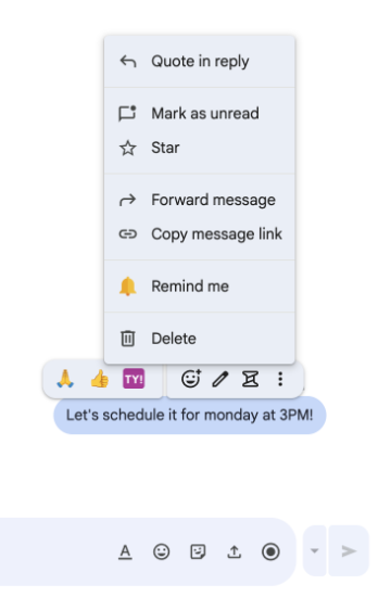 একজন ব্যবহারকারী একটি মেসেজ কনটেক্সট মেনু দেখতে পান, যেটিতে একটি মেসেজ অ্যাকশন রয়েছে।