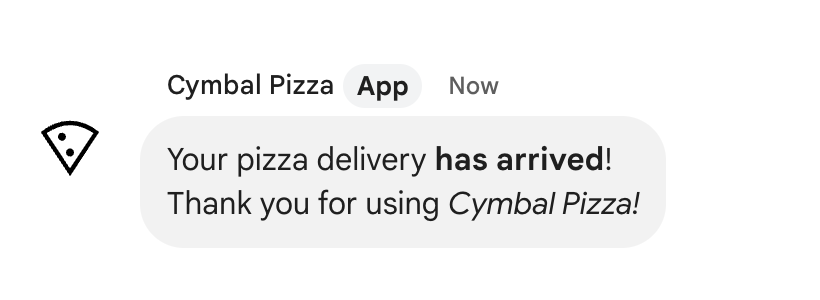 Cymbal Pizza アプリは、配達されたテキスト メッセージを送信します。