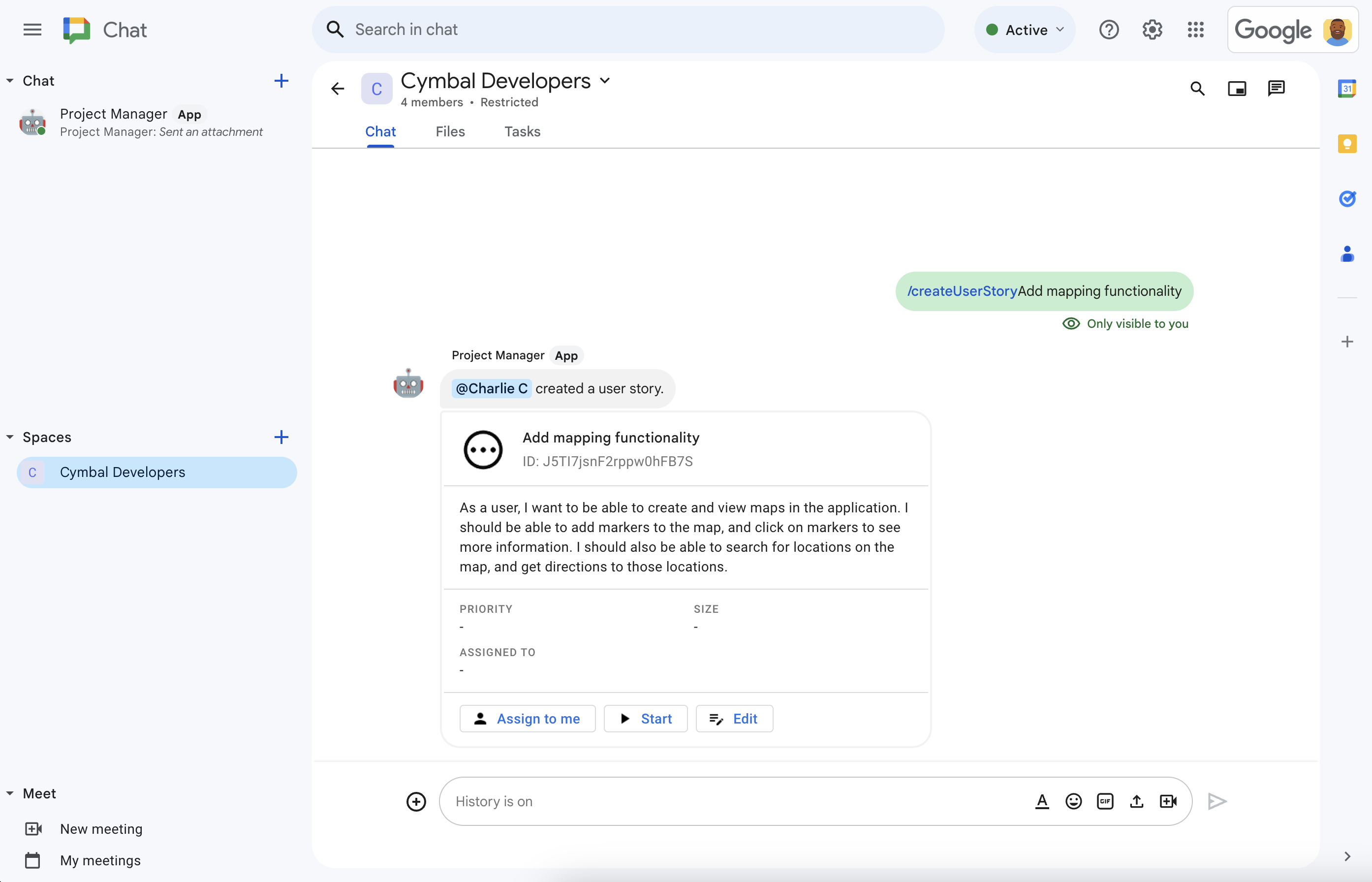 Aplikacja Google Chat do zarządzania projektami tworzy opis historii za pomocą Vertex AI.