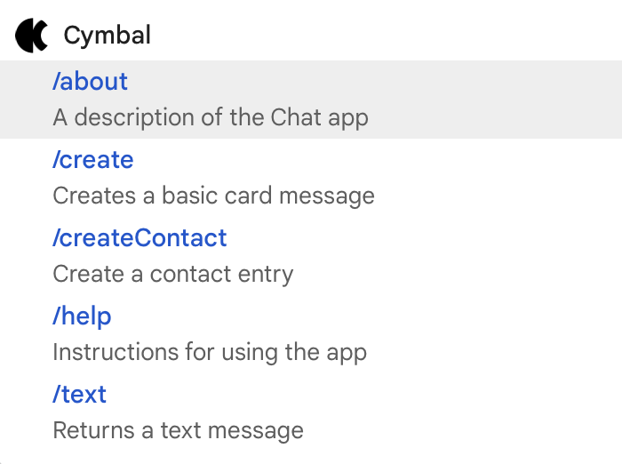 Wählen Sie einen Befehl aus, um mit der Chat-App zu interagieren.