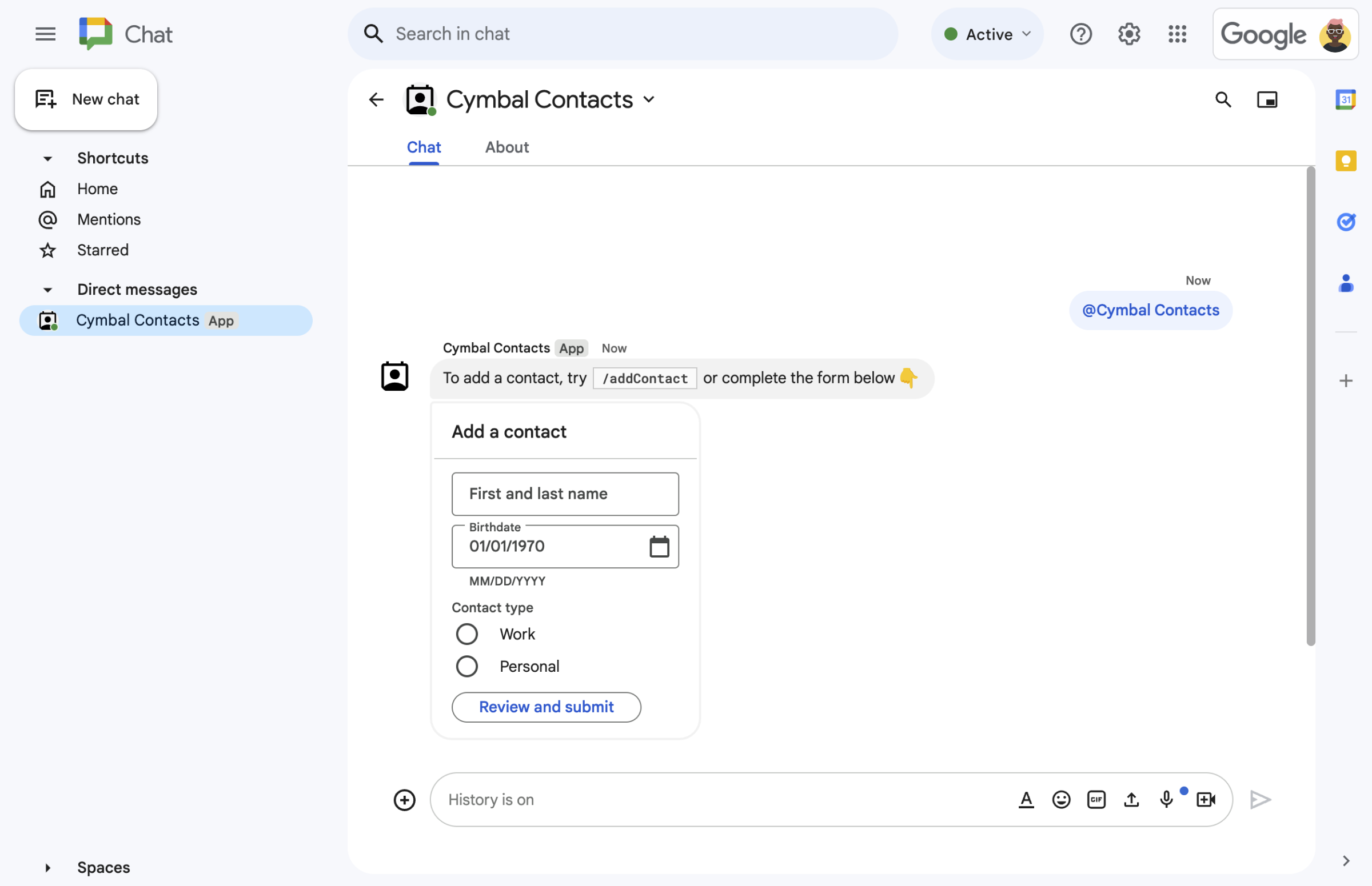 Mensaje de la tarjeta con widgets de entrada de formulario.