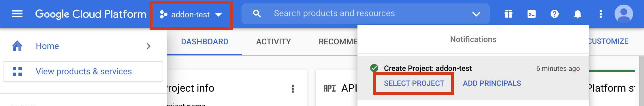 Selecione o projeto no console do Google Cloud.