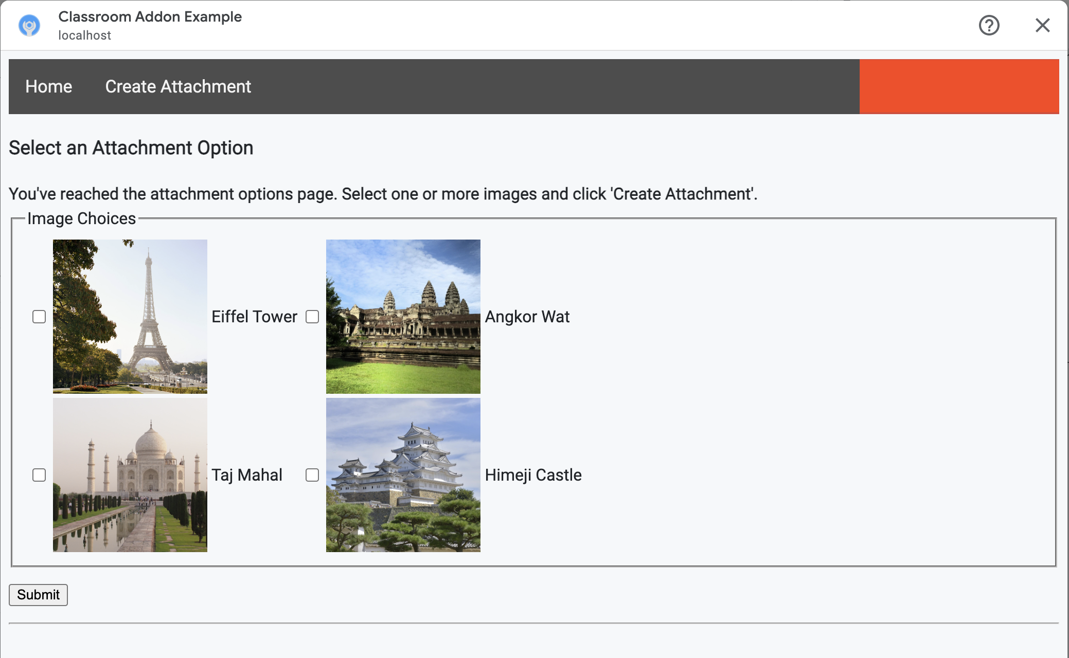 Widok wyboru treści w przykładzie w Pythonie