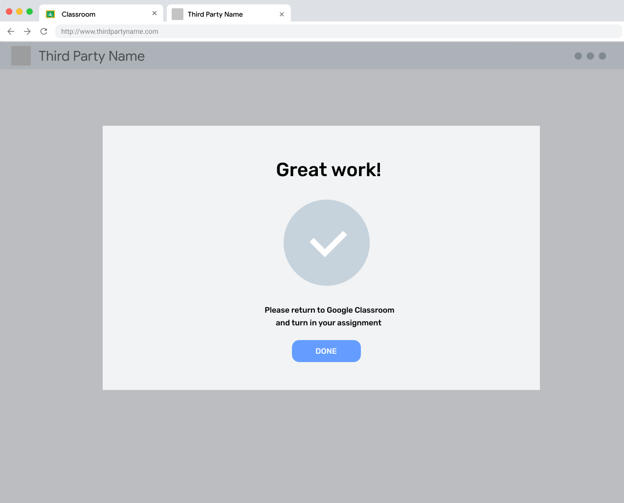 Visualização de uma atividade concluída instruindo os estudantes a voltar para o Google Sala de Aula