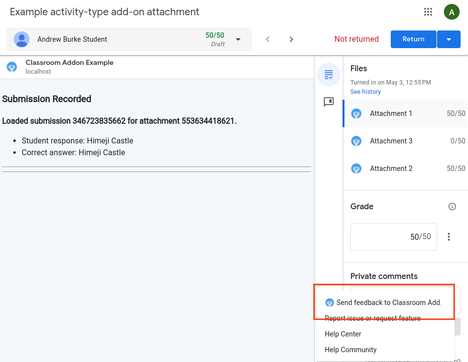 학생 과제 검토 iframe의 피드백 링크