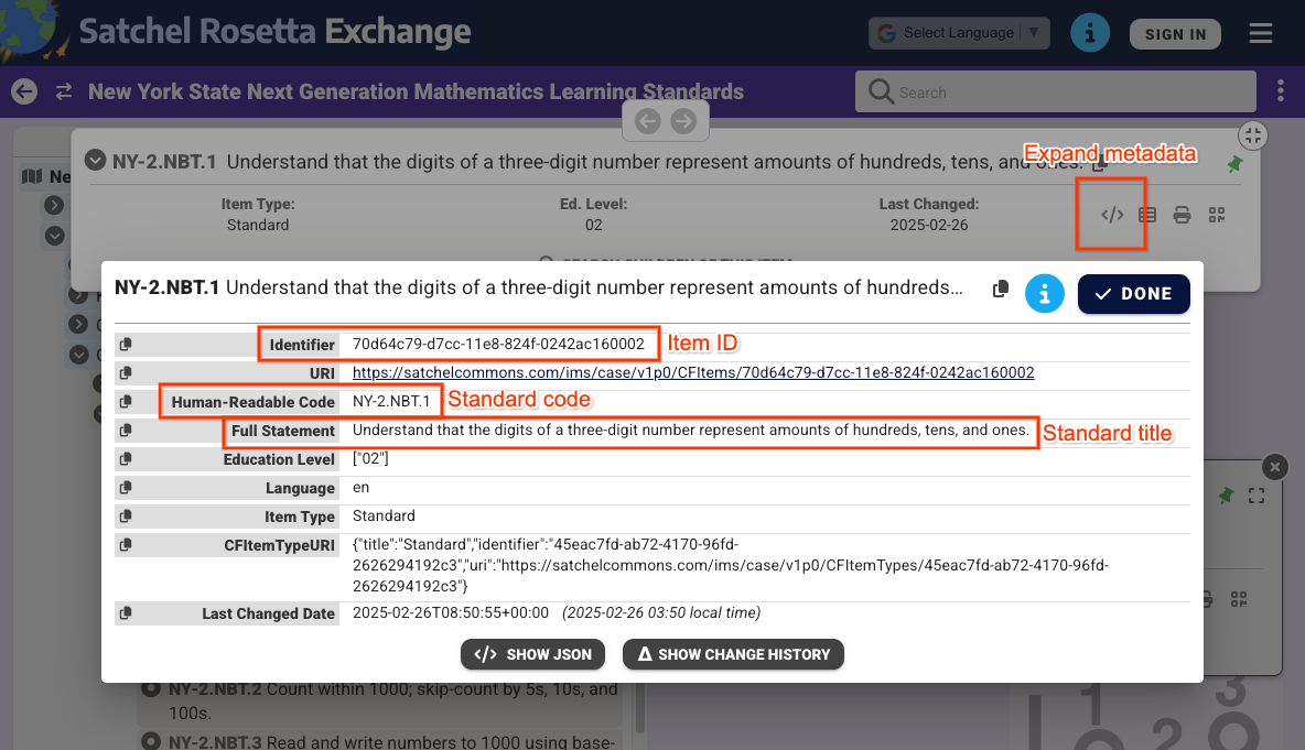 View of a non-root node's metadata when selected in Satchel Rosetta
Exchange
