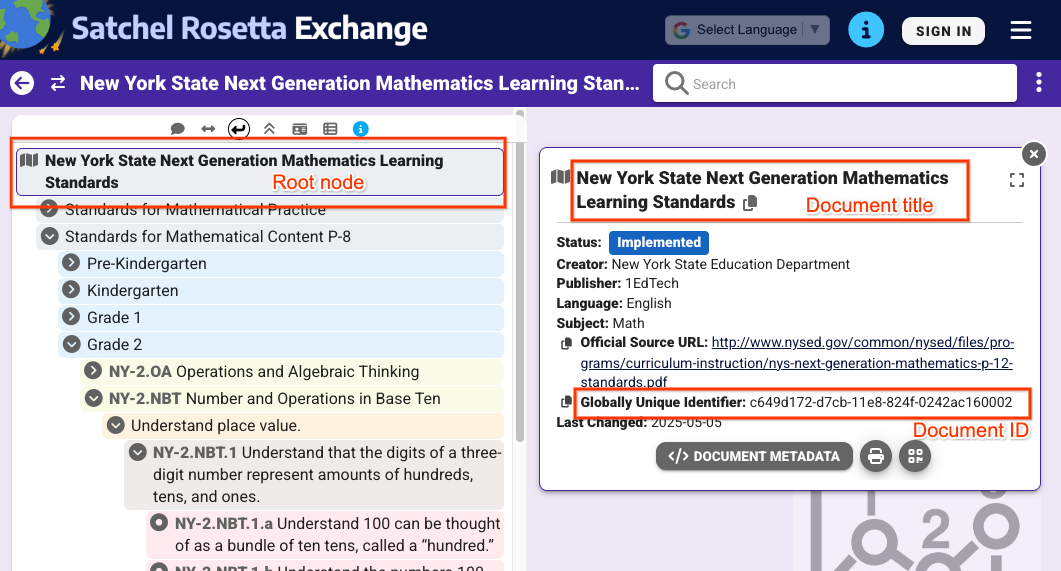 Отображение корневого узла при его выборе в Satchel Rosetta Exchange