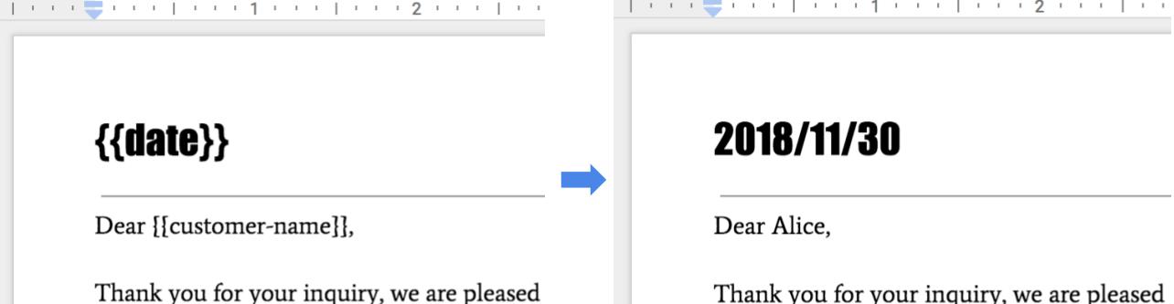 Immagine che mostra un modello di documento con segnaposto tag e il documento unito risultante.
