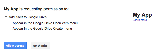 Boîte de dialogue d'installation de l'UI Google Drive.