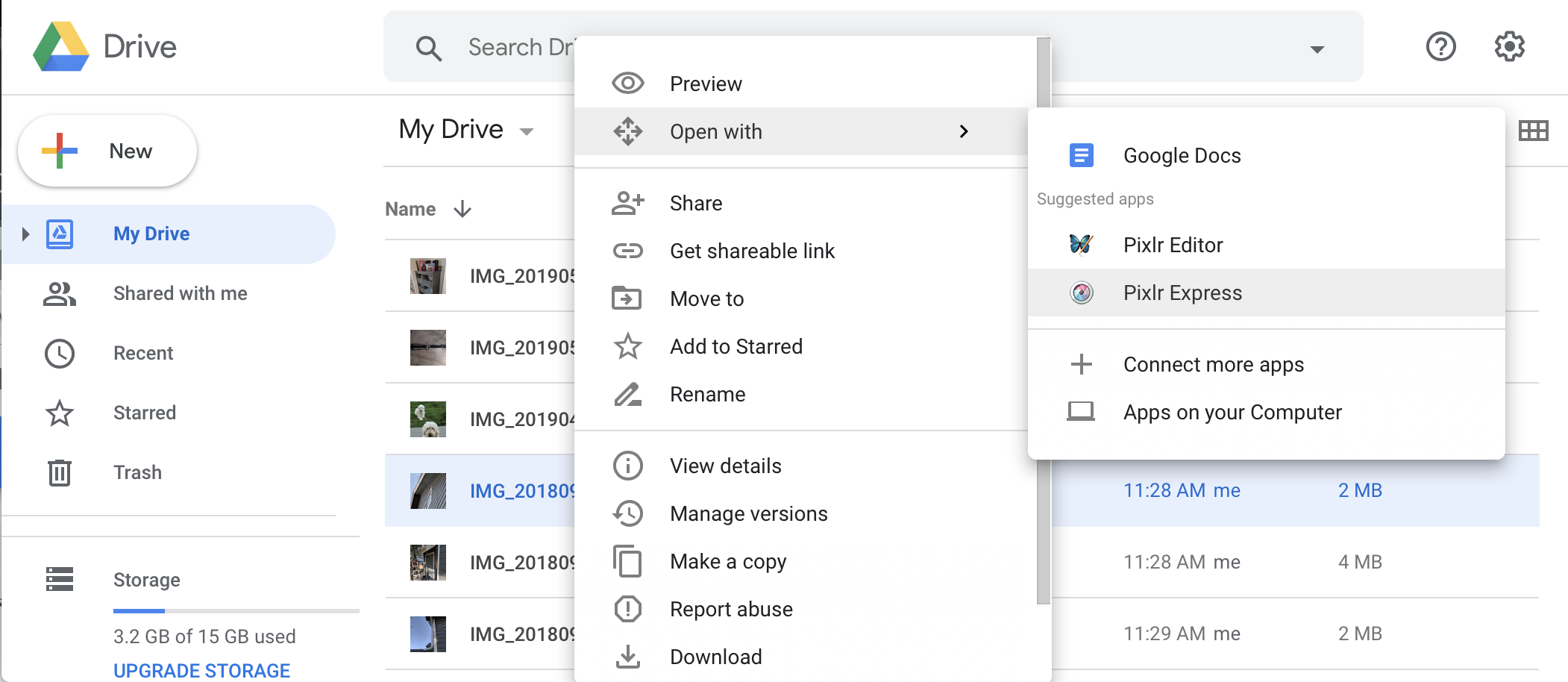 Item do menu "Abrir com" da interface do Google Drive