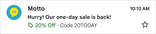 A promotional email that previews a deal badge for 20% off and the promo code 20TODAY.