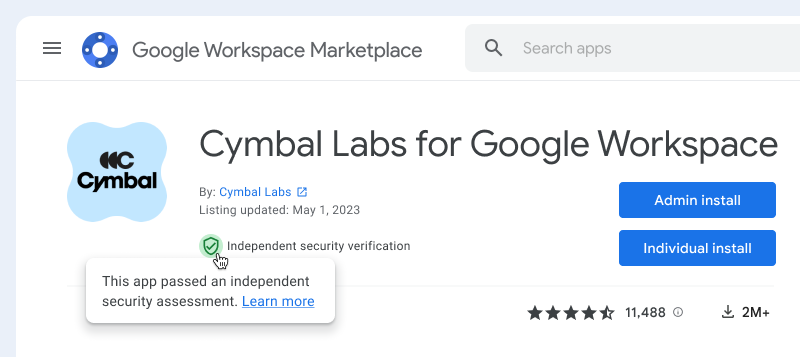 Example of an app listing in the Google Workspace Marketplace that has a badge for an independent security verification.