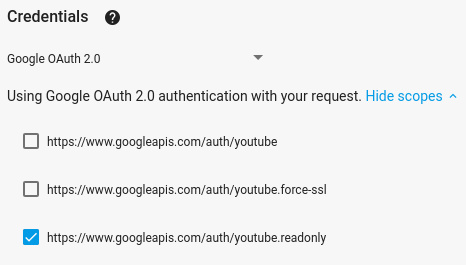 পূর্ণস্ক্রীন APIs এক্সপ্লোরার এবং তে স্কোপ দেখায় এমন চিত্র 'Google OAuth 2.0' শংসাপত্র ব্যবহার করার বিকল্প বেছে নেওয়া হয়েছে।