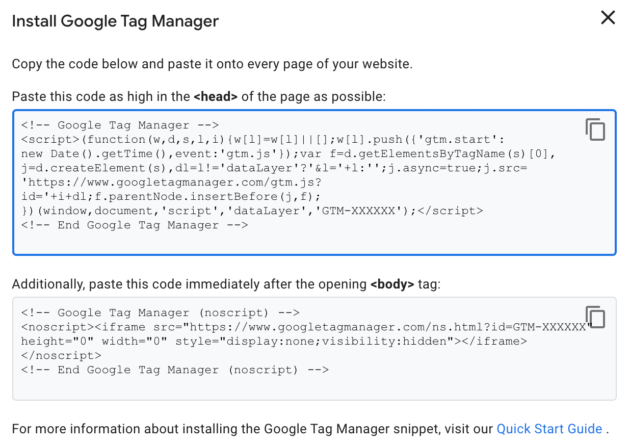 Tag Manager installation screen