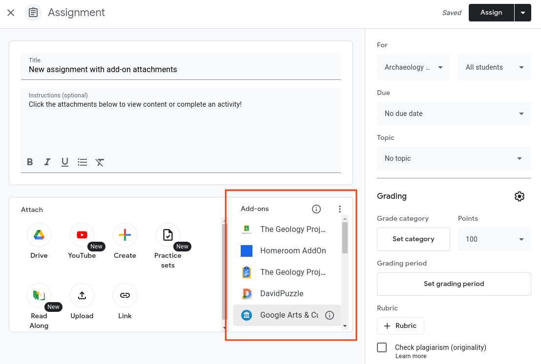 Ansicht der Aufgabenerstellung mit den möglichen Add-on-Optionen, die eine Lehrkraft anhängen kann