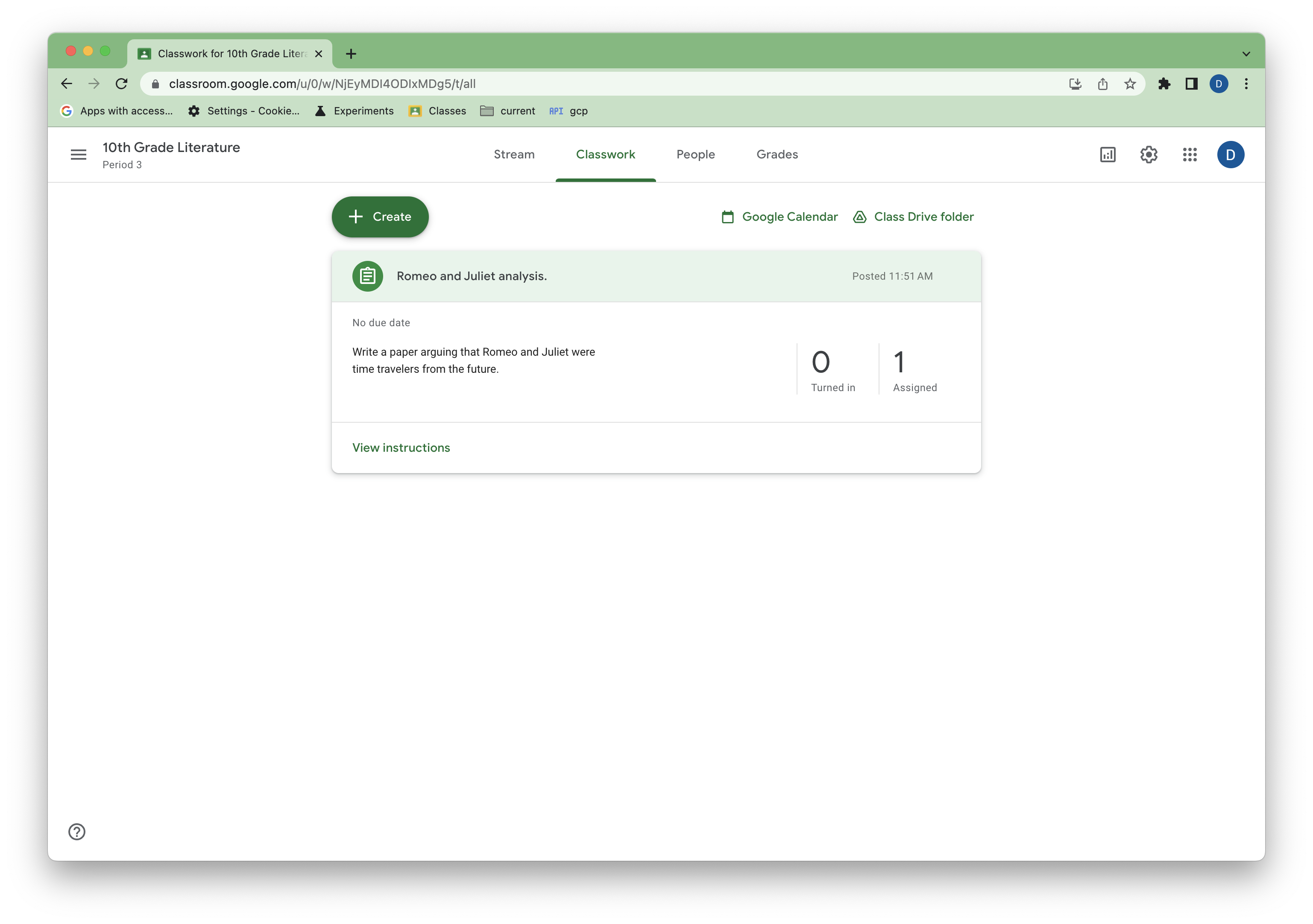 Просмотр задания в интерфейсе класса